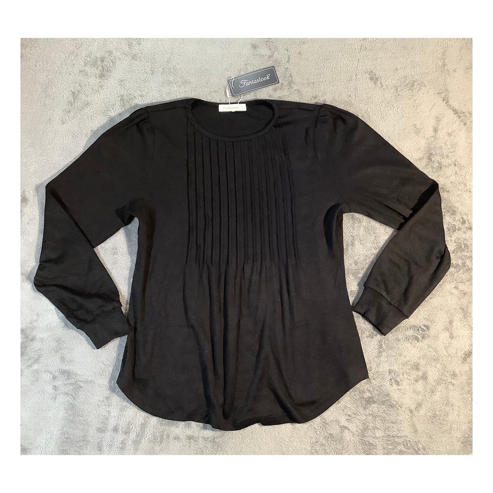 Fantaslook Women's Size M Black Pintuck Pleated Blouse Tunic Long Puff Sleeve NW